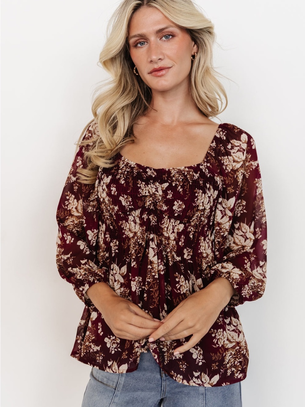 Baltic Born Burgundy Floral Fenna Smocked Square Neck Top M